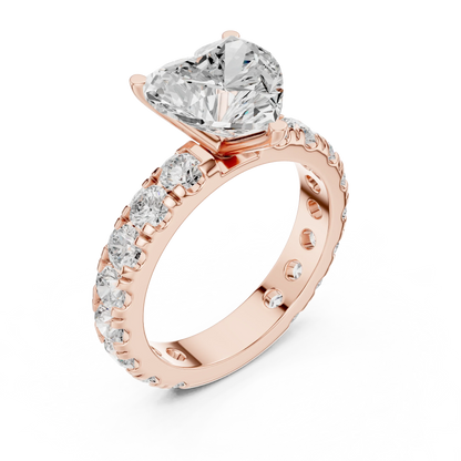 Front view of rose gold heart solitaire ring with pave band and lab-grown diamond – Australia