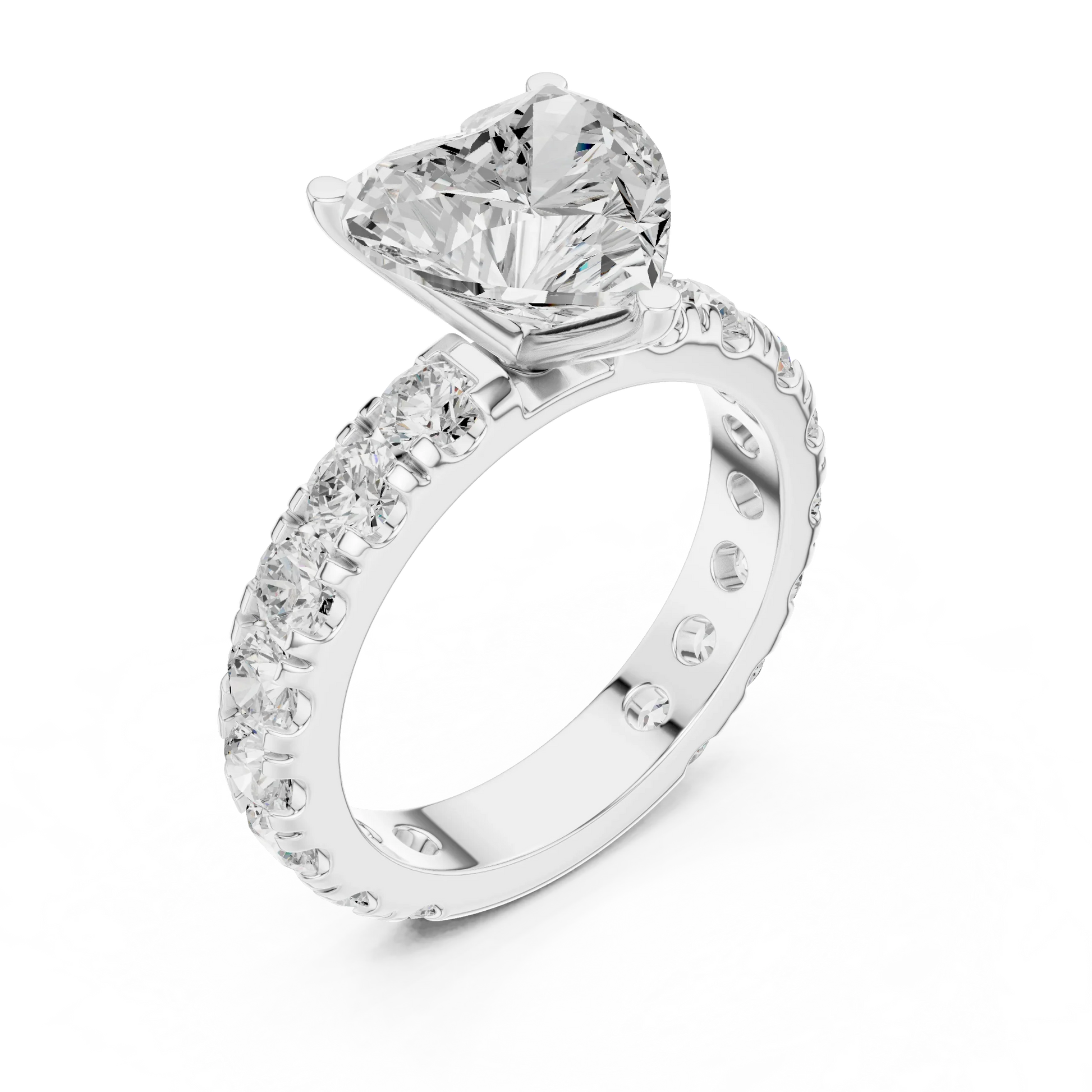 Front view of white gold heart solitaire ring with pave band and lab-grown diamond – Australia