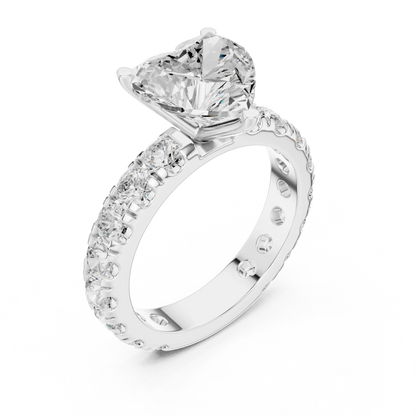 Front view of white gold heart solitaire ring with pave band and lab-grown diamond – Australia