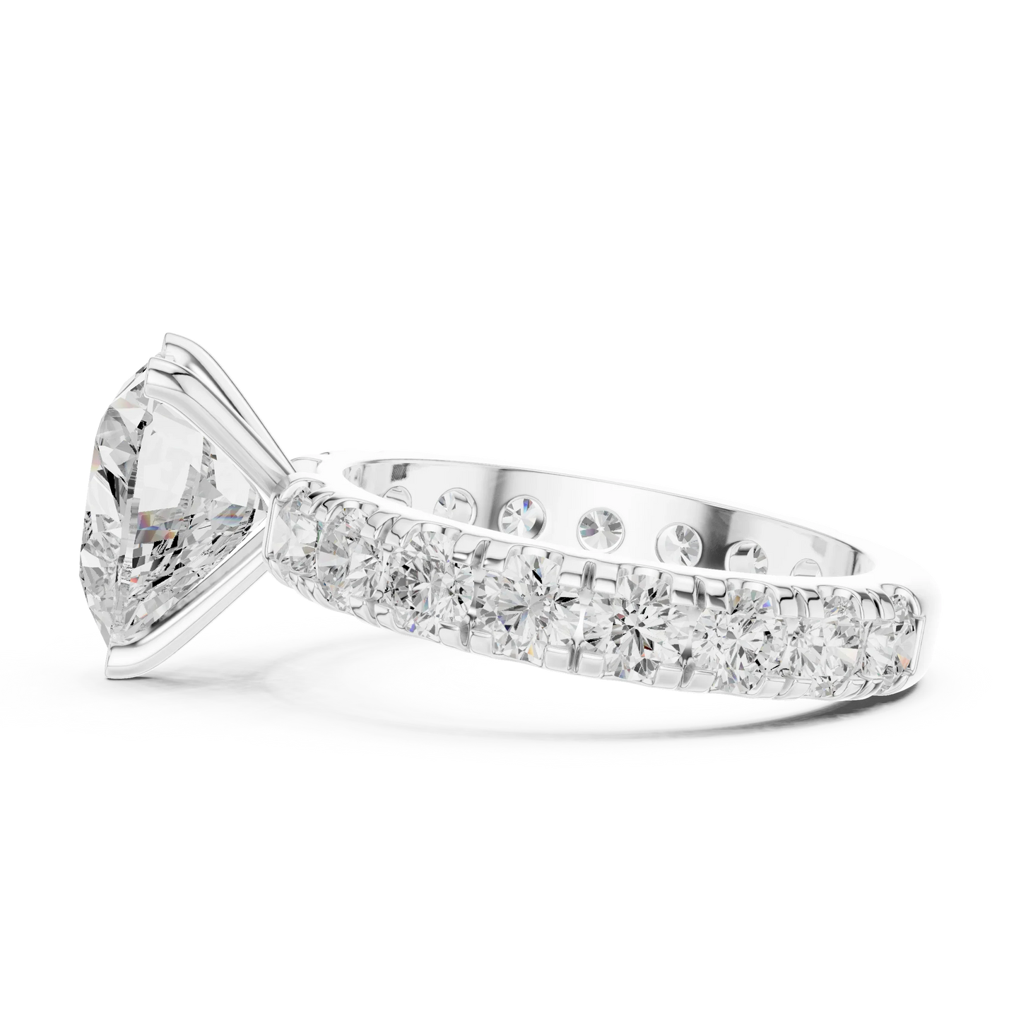 Side view of white gold heart solitaire ring with pave band and lab-grown diamond – Australia