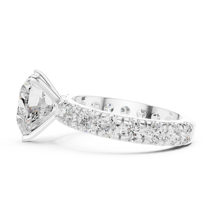 Side view of white gold heart solitaire ring with pave band and lab-grown diamond – Australia