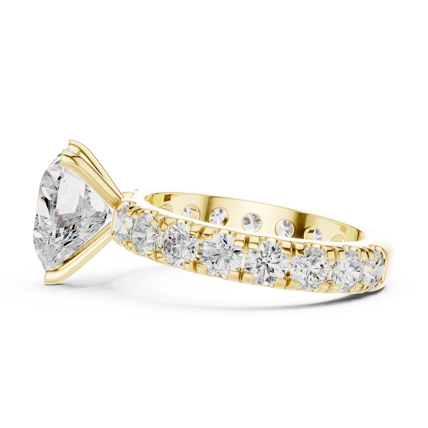 Side view of yellow gold heart solitaire ring with pave band and lab-grown diamond – Australia
