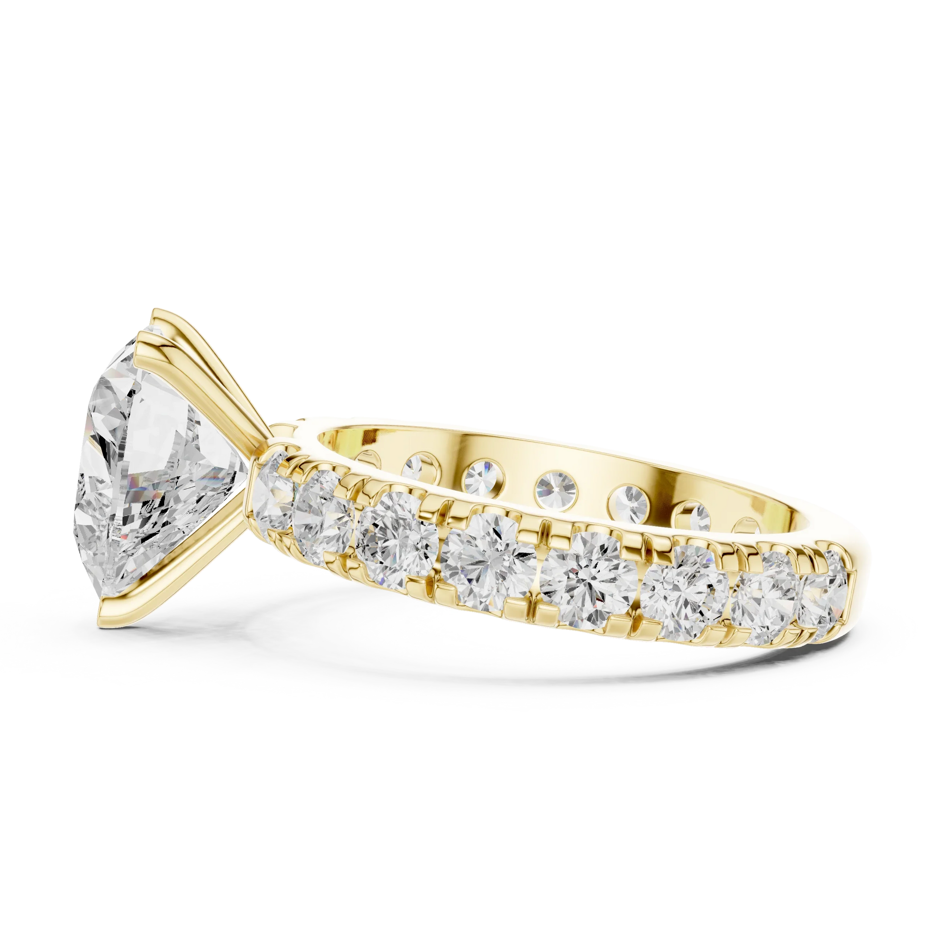Side view of yellow gold heart solitaire ring with pave band and lab-grown diamond – Australia