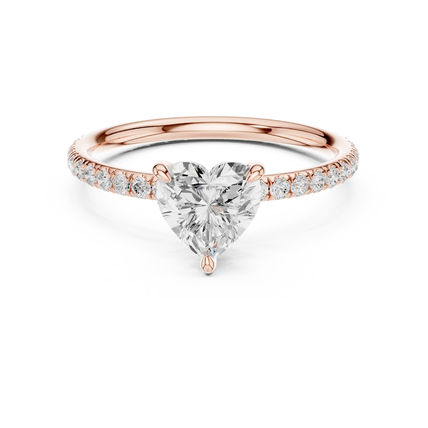 Lab-grown heart shape solitaire ring in rose gold with thin pavé diamond band