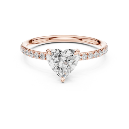 Lab-grown heart shape solitaire ring in rose gold with thin pavé diamond band