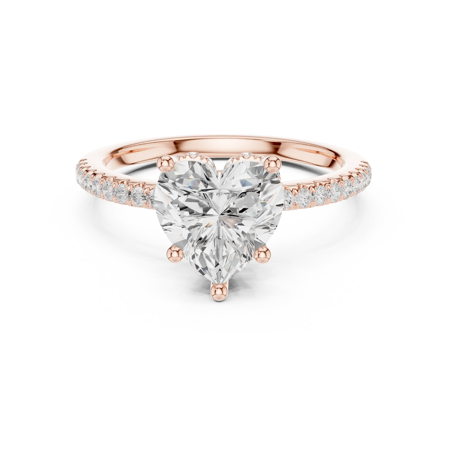 Rose gold heart cut solitaire ring with thin pave band and lab-grown diamond, modern romantic look