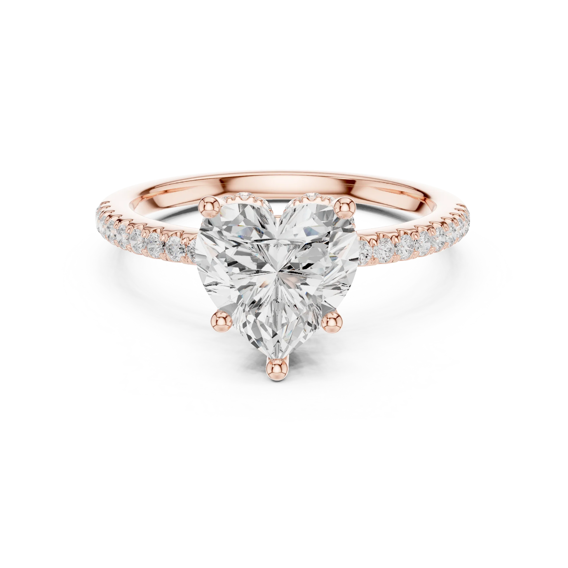 Rose gold heart cut solitaire ring with thin pave band and lab-grown diamond, modern romantic look