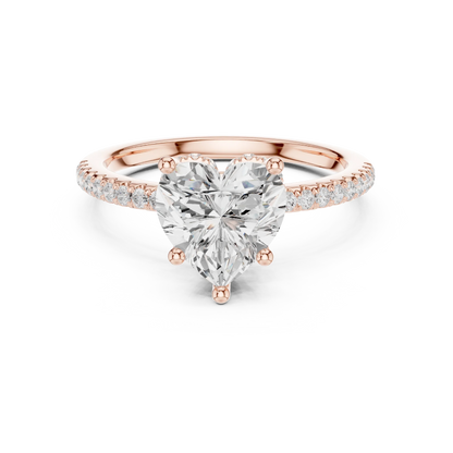 Rose gold heart cut solitaire ring with thin pave band and lab-grown diamond, modern romantic look