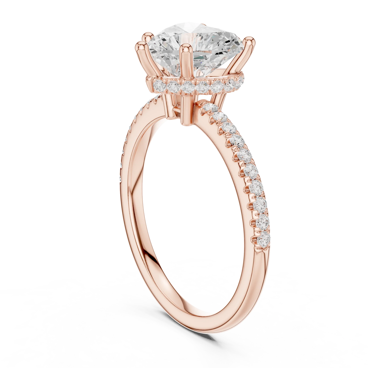 Back side view of rose gold heart cut solitaire ring showing thin pave band and setting structure