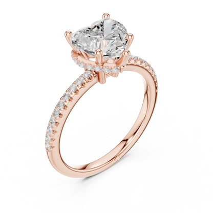 Front view of rose gold heart cut solitaire ring with thin pave band and lab-created diamond