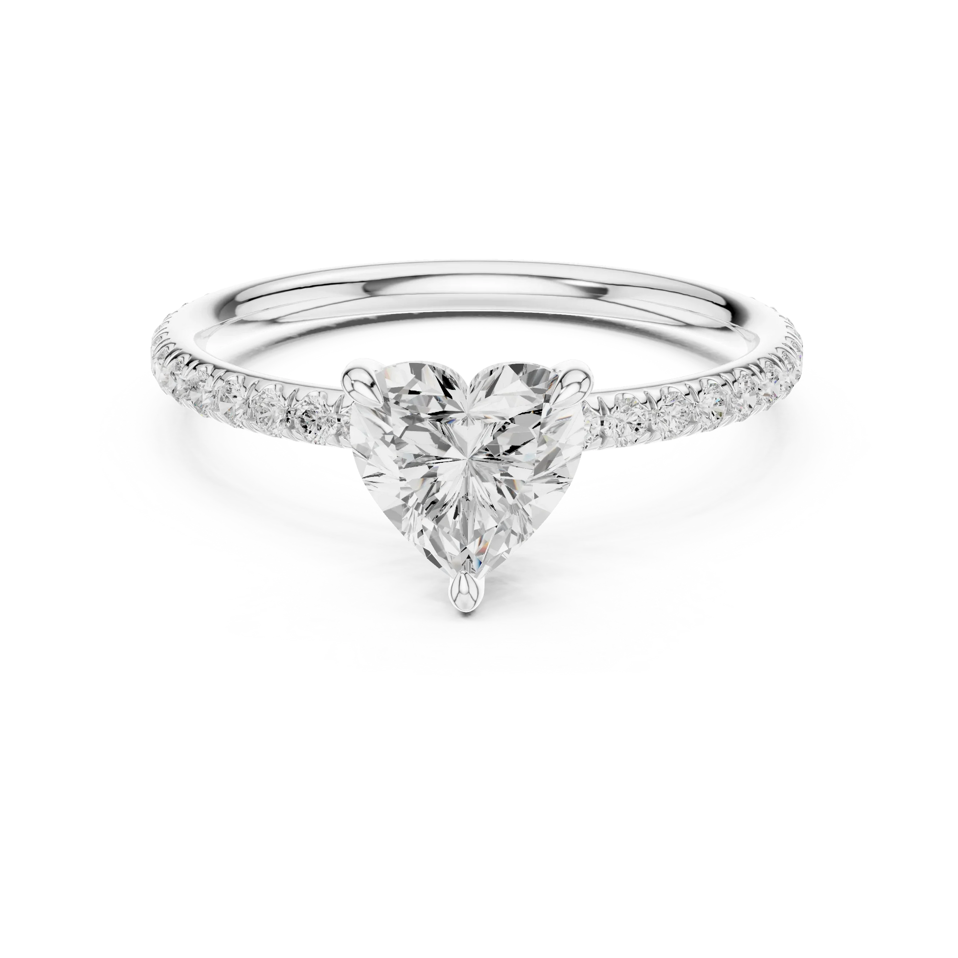 Lab-grown heart shape solitaire ring in white gold with thin pavé diamond band