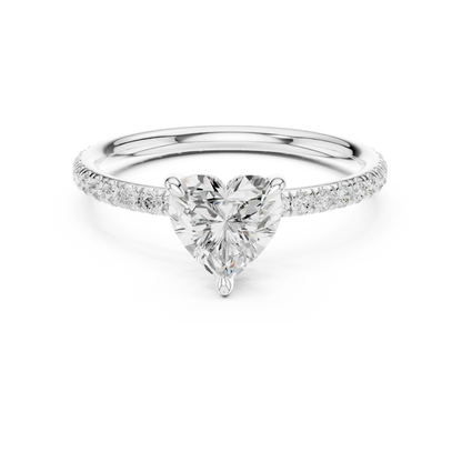 Lab-grown heart shape solitaire ring in white gold with thin pavé diamond band