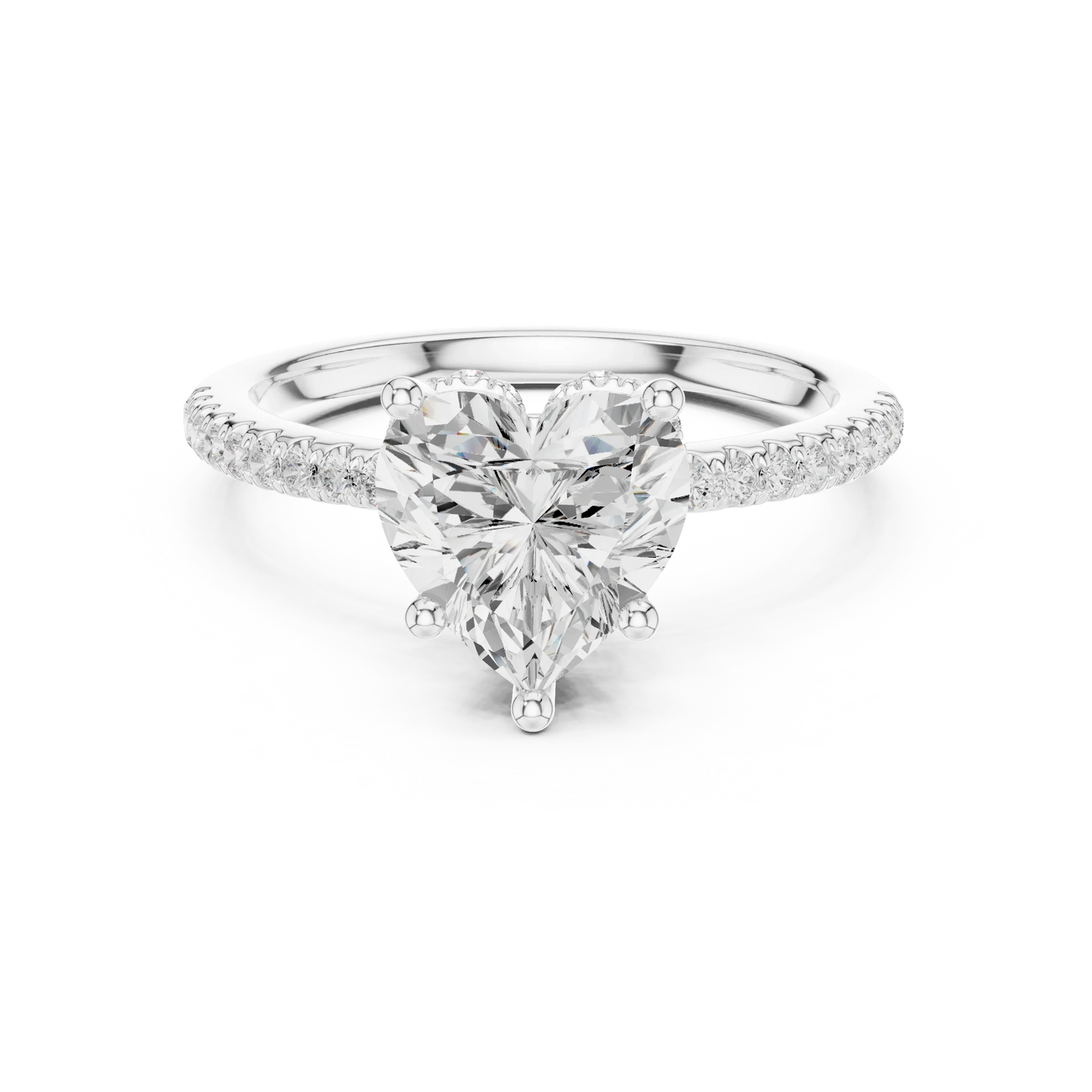 White gold heart cut solitaire ring with thin pave band and lab-grown diamond, delicate romantic design