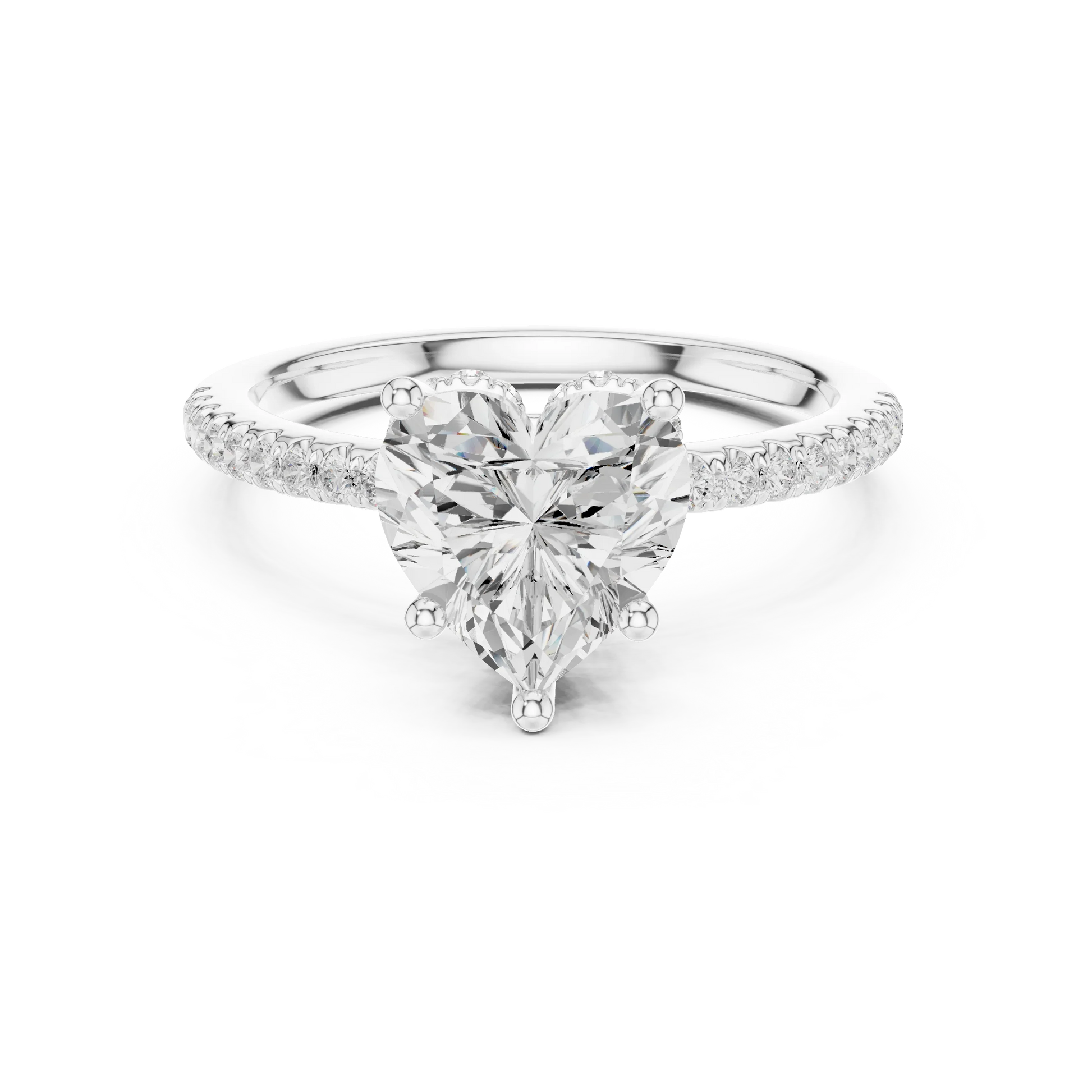 White gold heart cut solitaire ring with thin pave band and lab-grown diamond, delicate romantic design