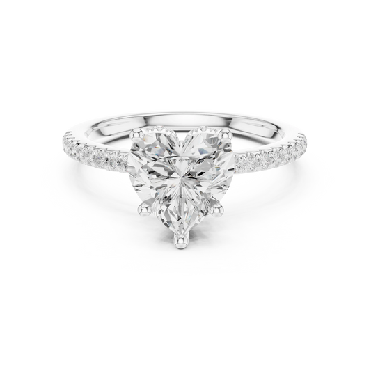 White gold heart cut solitaire ring with thin pave band and lab-grown diamond, delicate romantic design