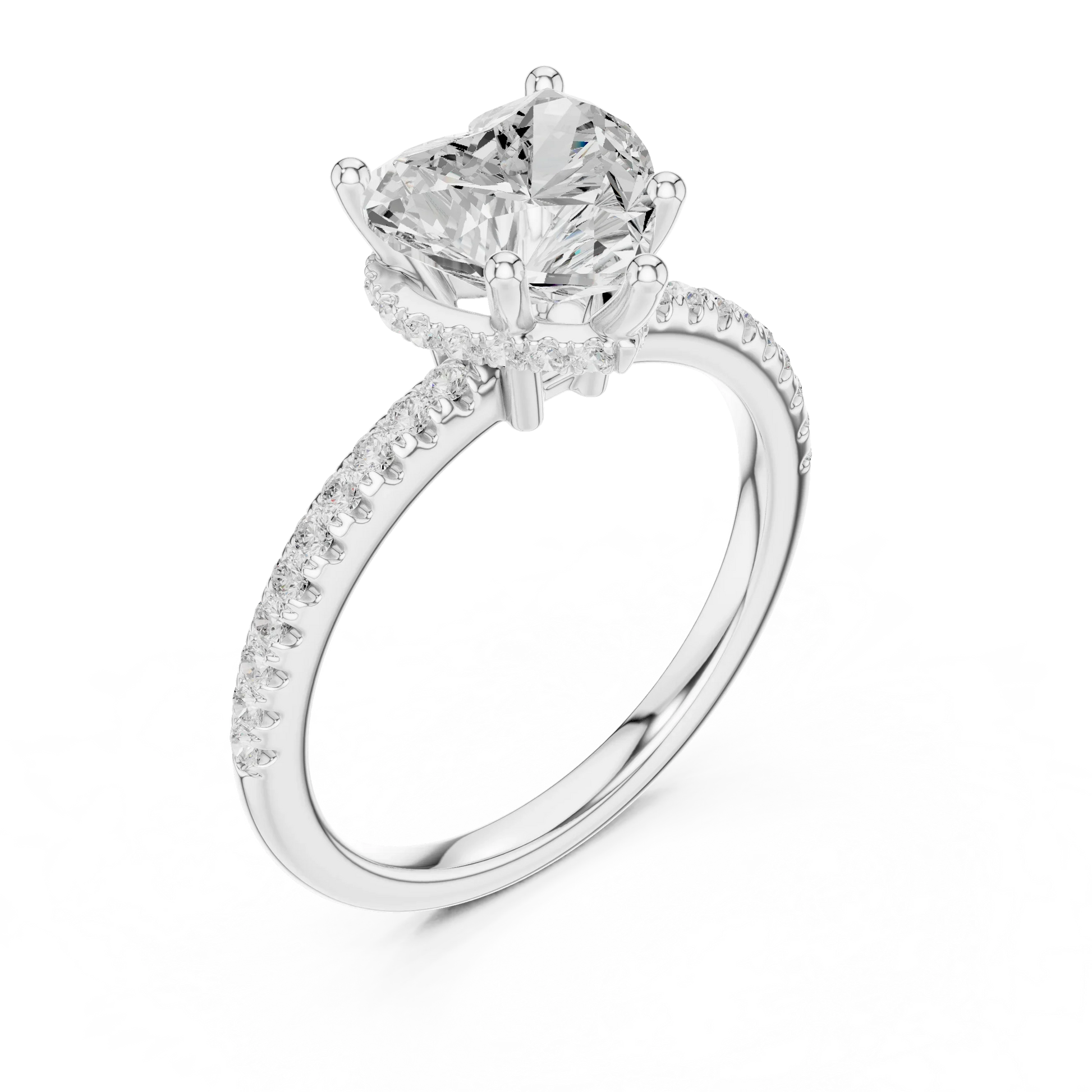 Front view of white gold heart cut solitaire ring with thin pave band and lab-created diamond