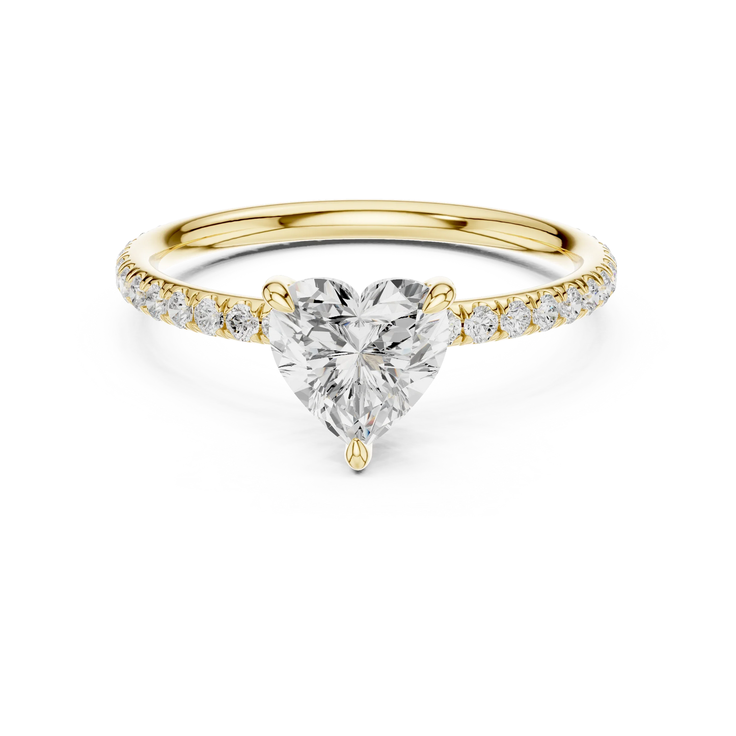 Lab-grown heart shape solitaire ring in yellow gold with thin pavé diamond band