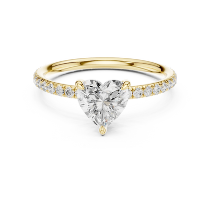 Lab-grown heart shape solitaire ring in yellow gold with thin pavé diamond band