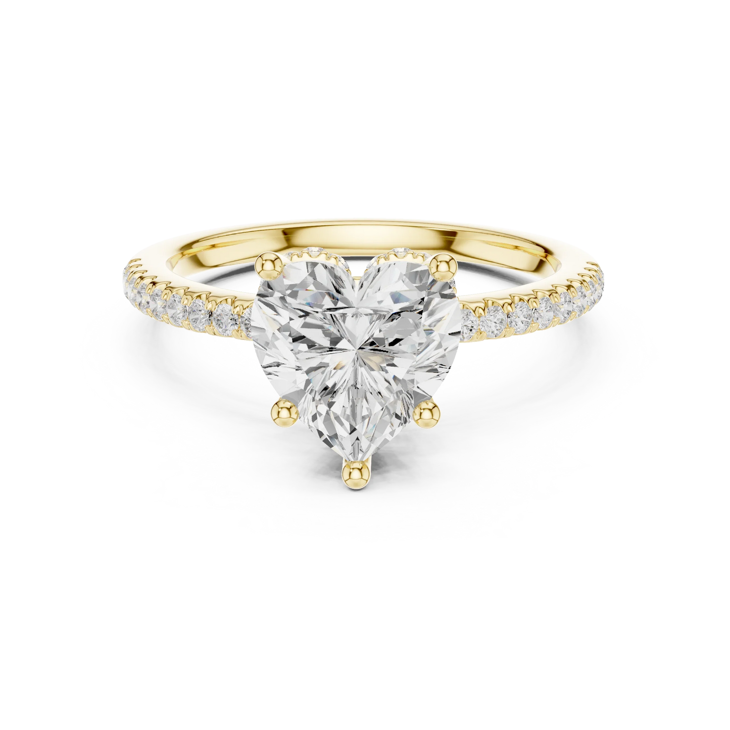 Yellow gold heart cut solitaire ring with thin pave band and lab-grown diamond, elegant romantic style
