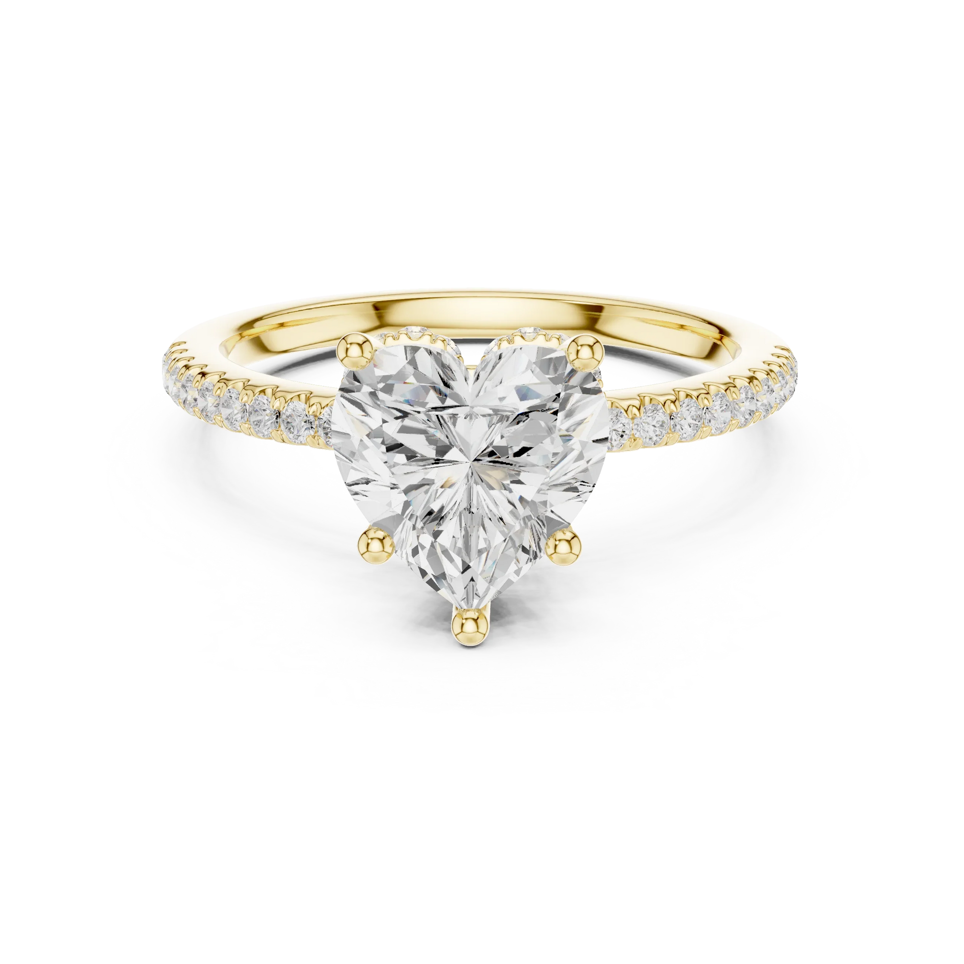 Yellow gold heart cut solitaire ring with thin pave band and lab-grown diamond, elegant romantic style