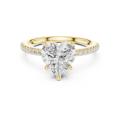 Yellow gold heart cut solitaire ring with thin pave band and lab-grown diamond, elegant romantic style