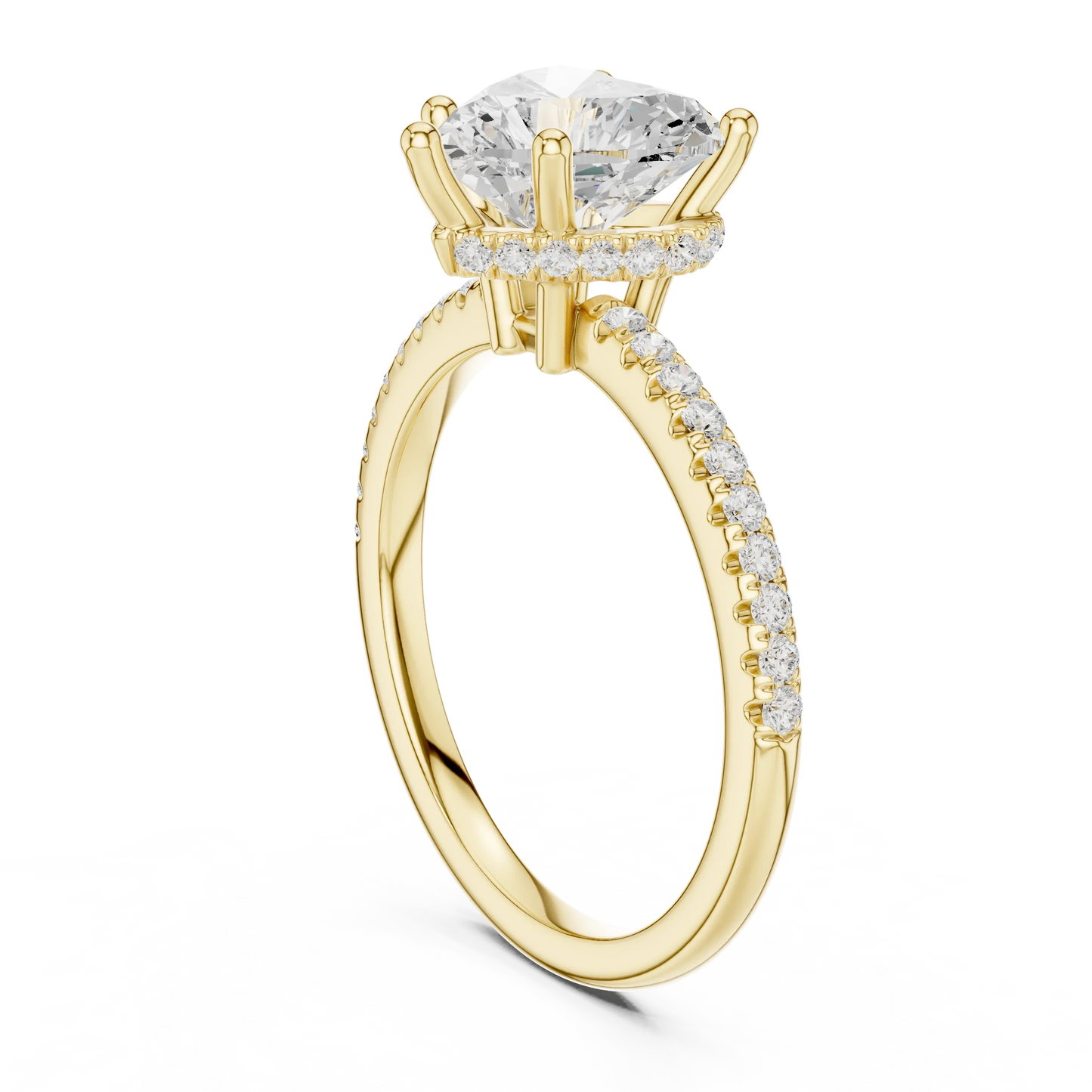 Back side view of yellow gold heart cut solitaire ring showing thin pave band and mounting details