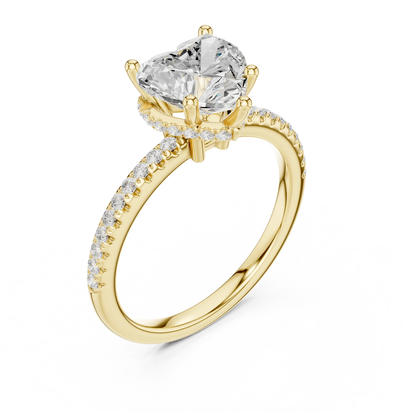 Front view of yellow gold heart cut solitaire ring with thin pave band and lab-created diamond