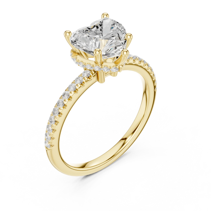 Front view of yellow gold heart cut solitaire ring with thin pave band and lab-created diamond