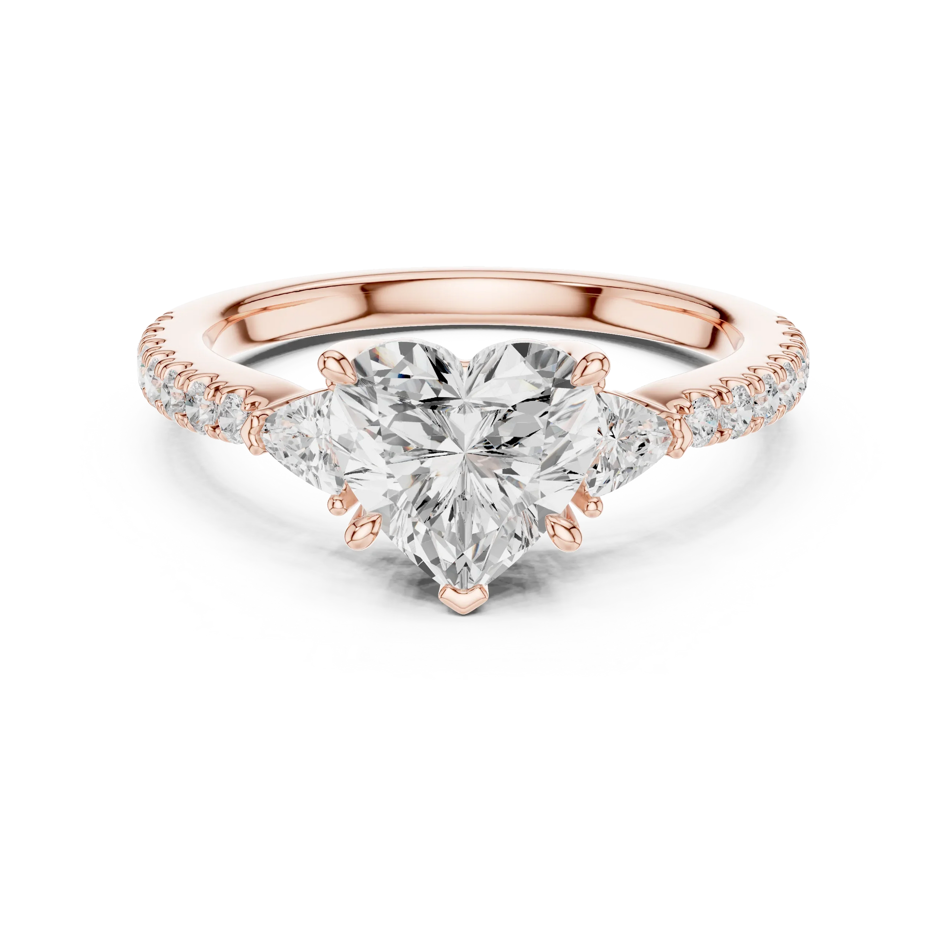 Lab-grown heart shape three stone diamond ring with half moon side stones and pave band in rose gold, top view.