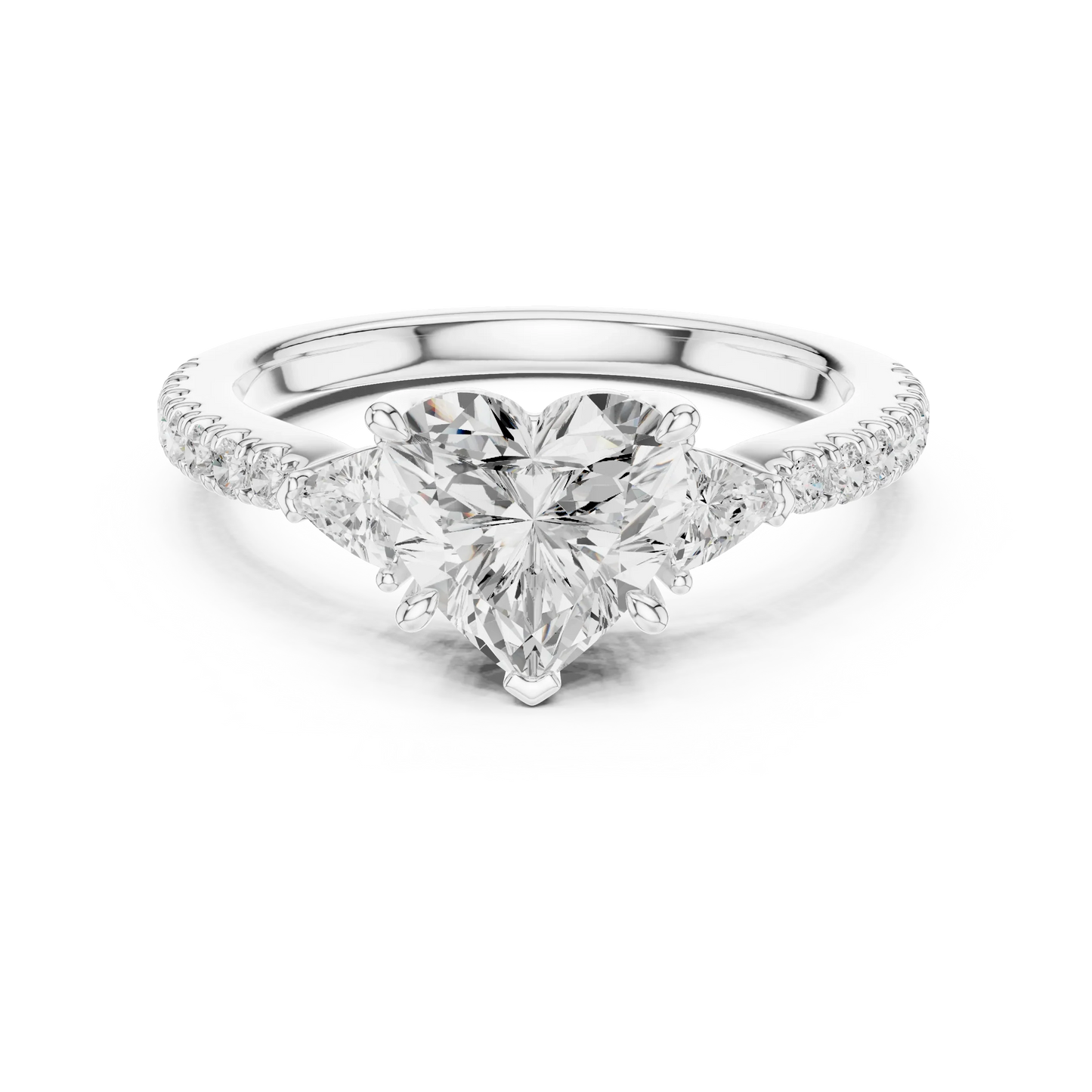 Lab-grown heart shape three stone diamond ring with half moon side stones and pave band in white gold, top view.