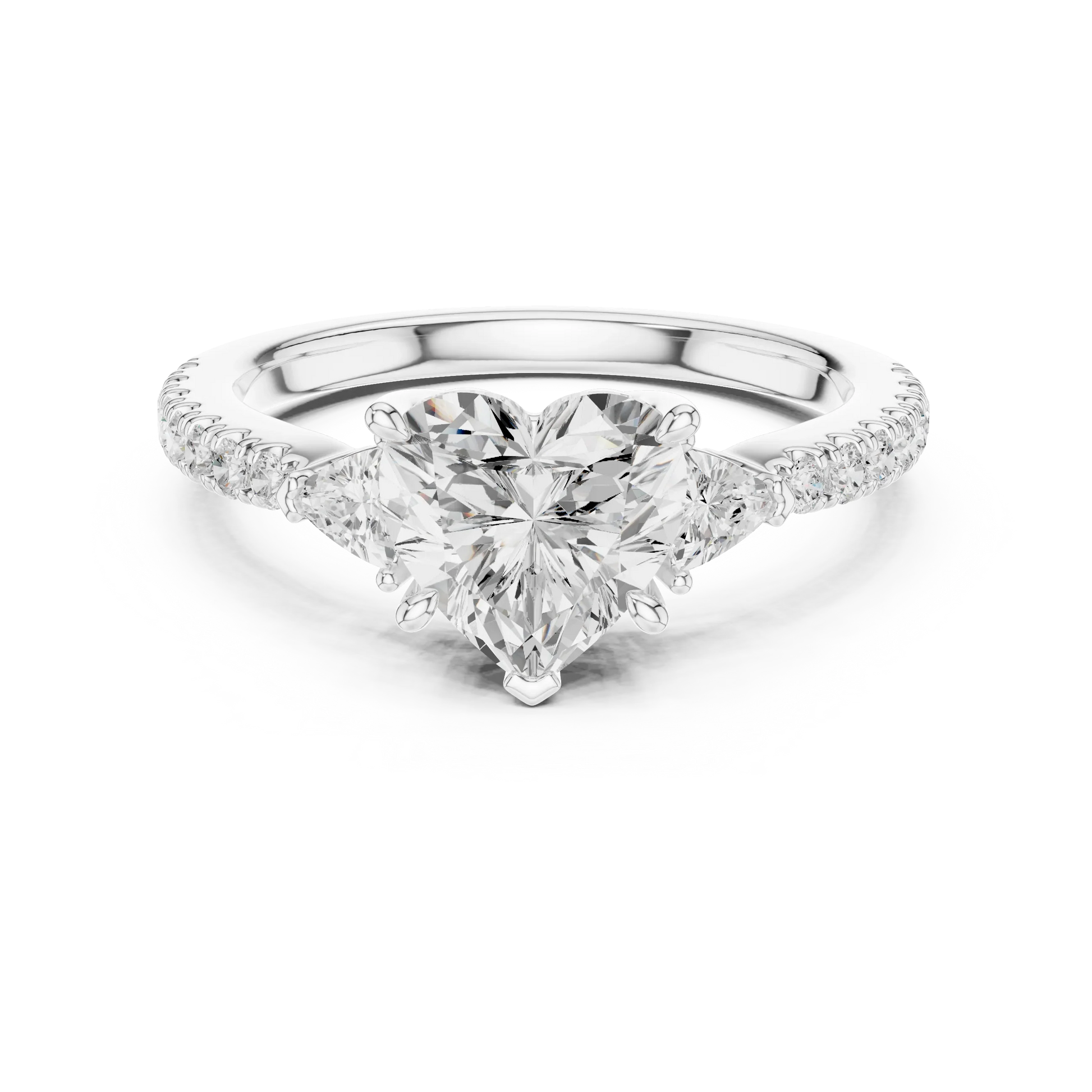 Lab-grown heart shape three stone diamond ring with half moon side stones and pave band in white gold, top view.