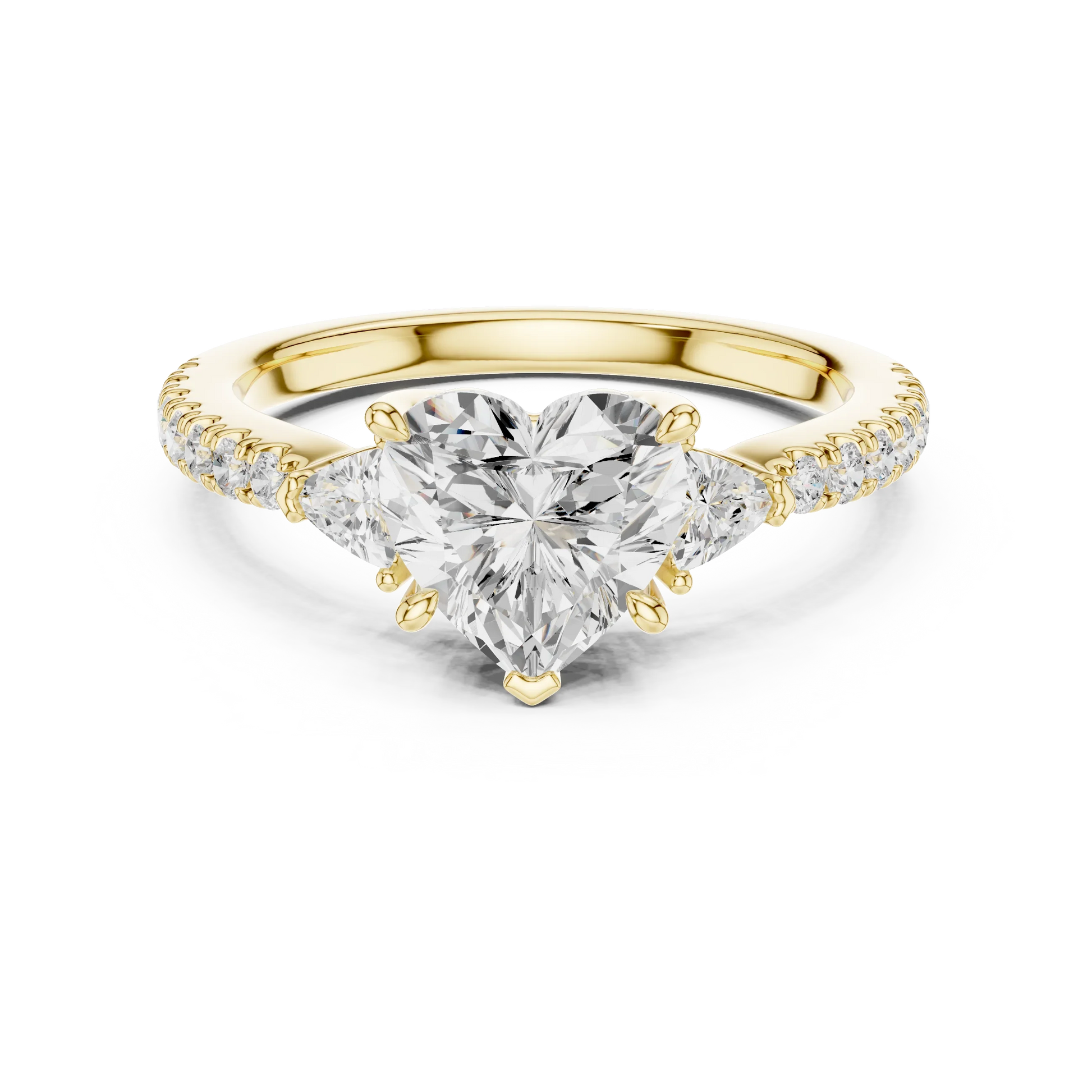 Lab-grown heart shape three stone diamond ring with half moon side stones and pave band in yellow gold, top view