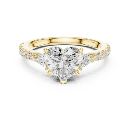 Lab-grown heart shape three stone diamond ring with half moon side stones and pave band in yellow gold, top view