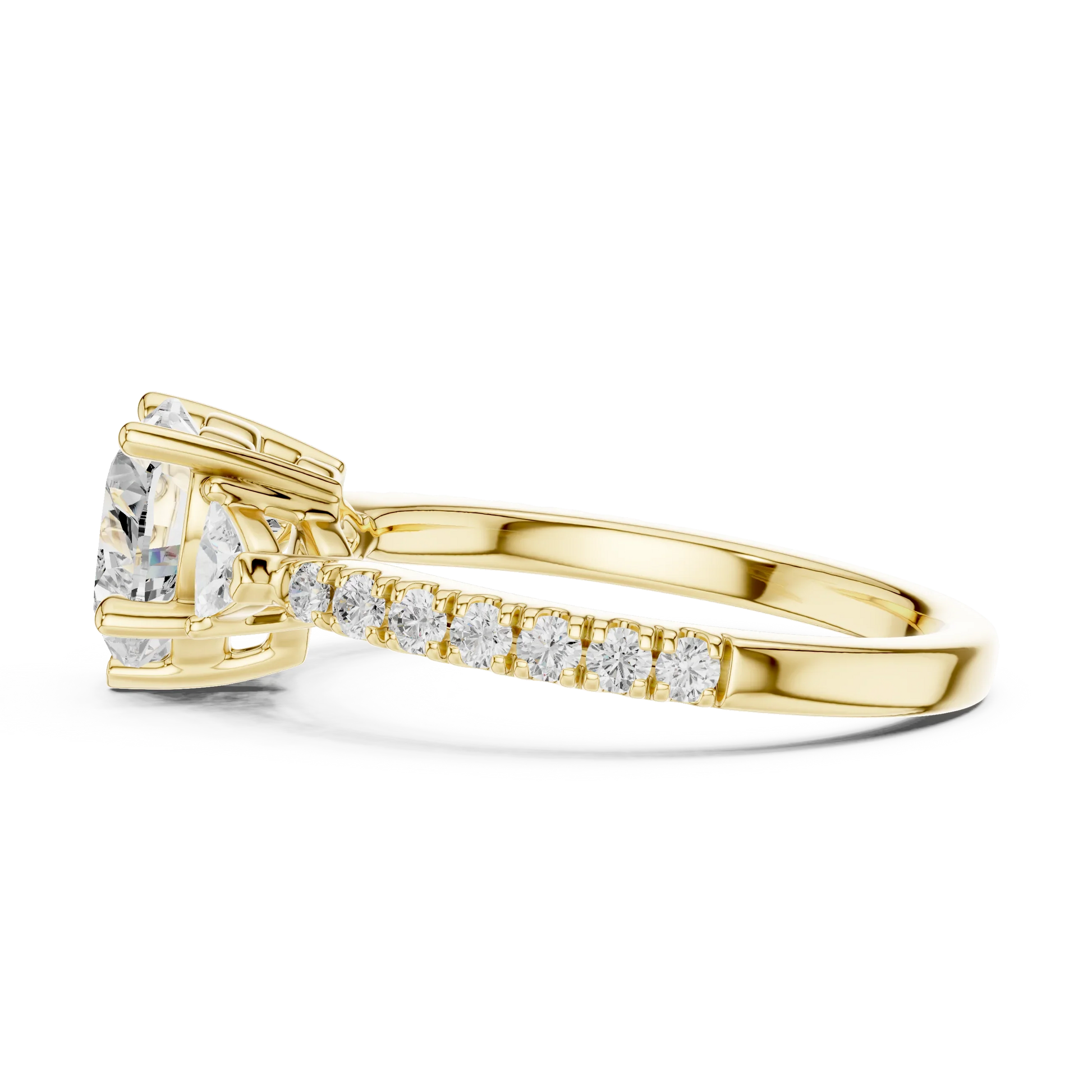 Side view of yellow gold heart shape three stone diamond ring with half moon side stones and pave band, highlighting design profile.