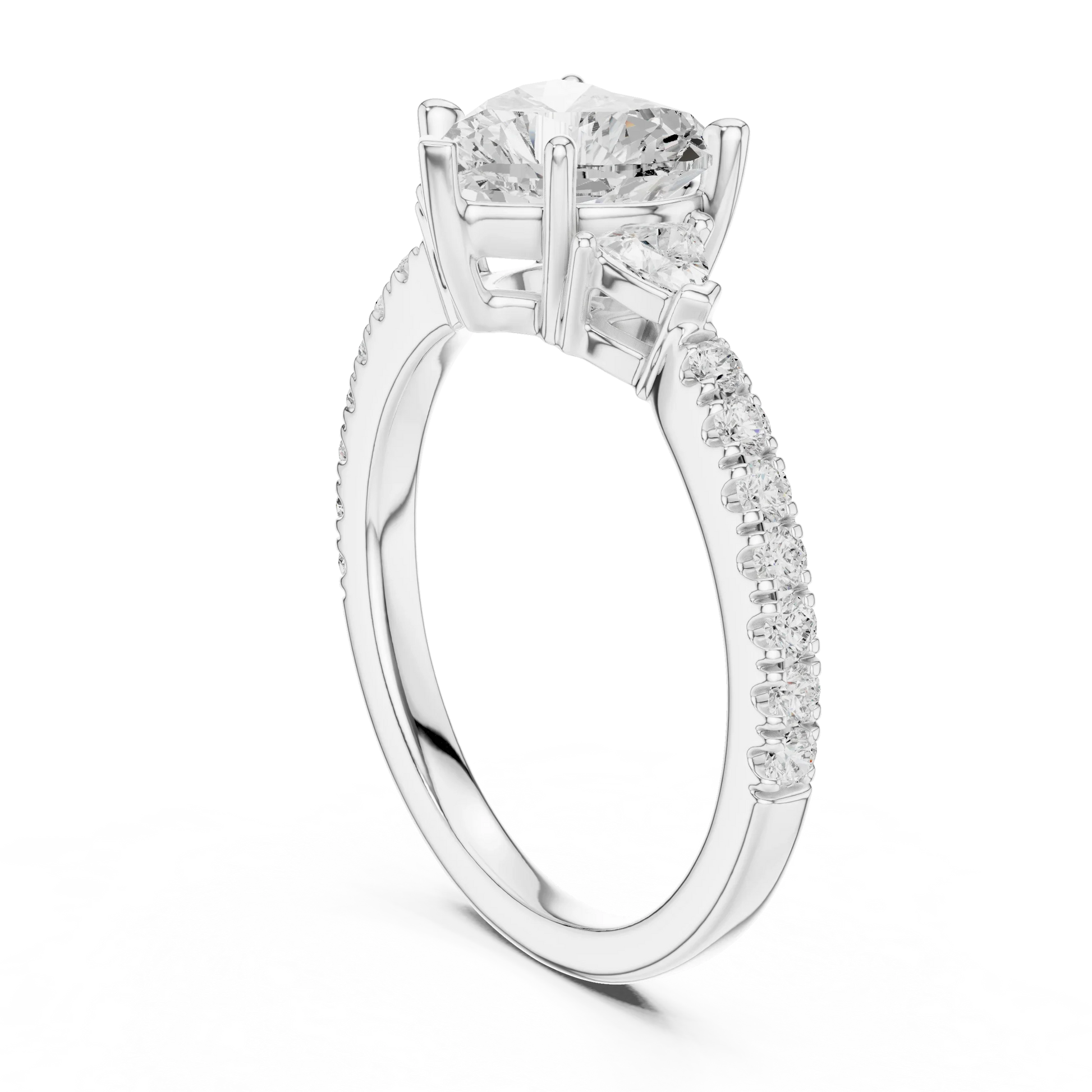 Back side view of white gold heart shape three stone diamond pave ring, showing band and setting.
