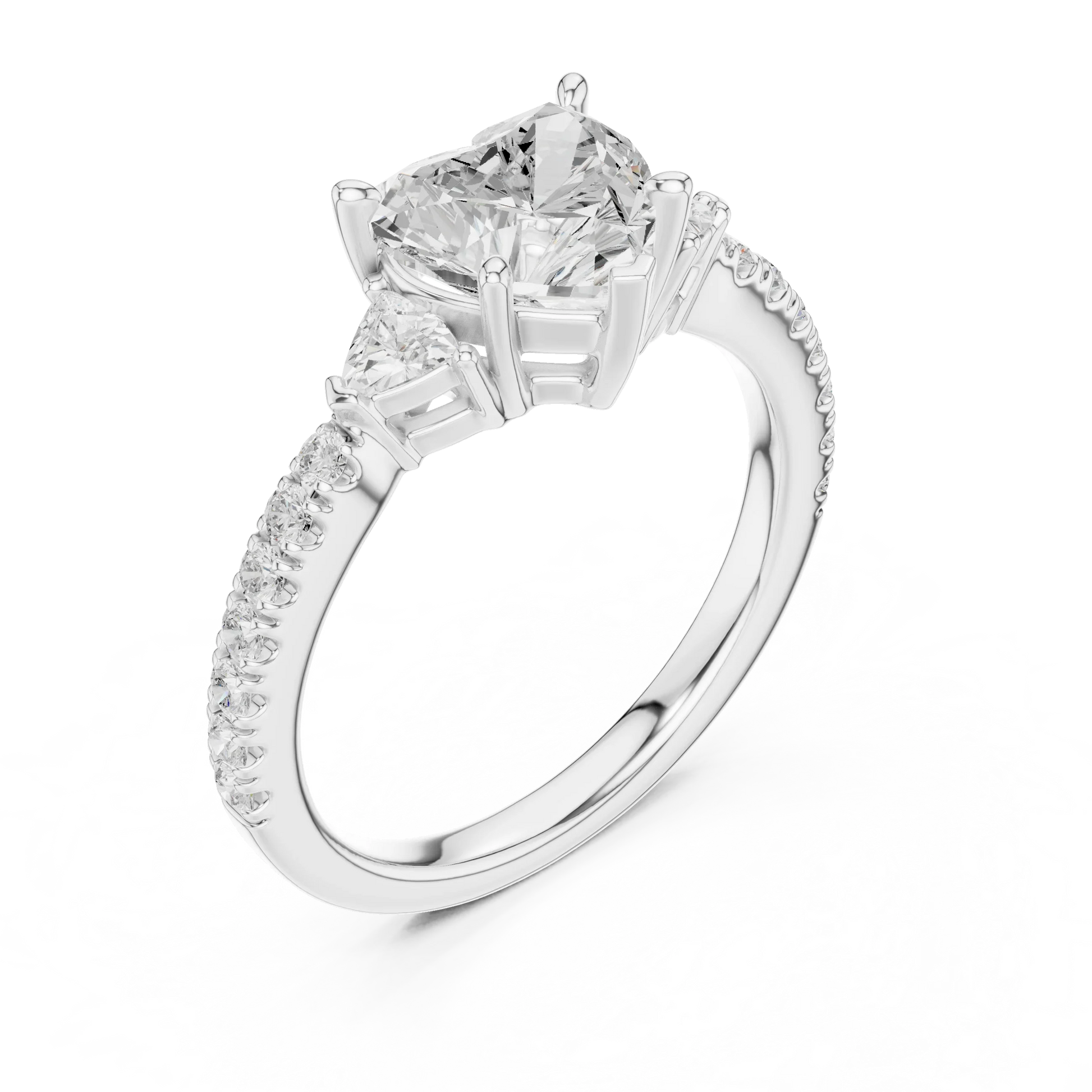 Front view of white gold heart shape three stone diamond pave ring, showcasing center and side stones.