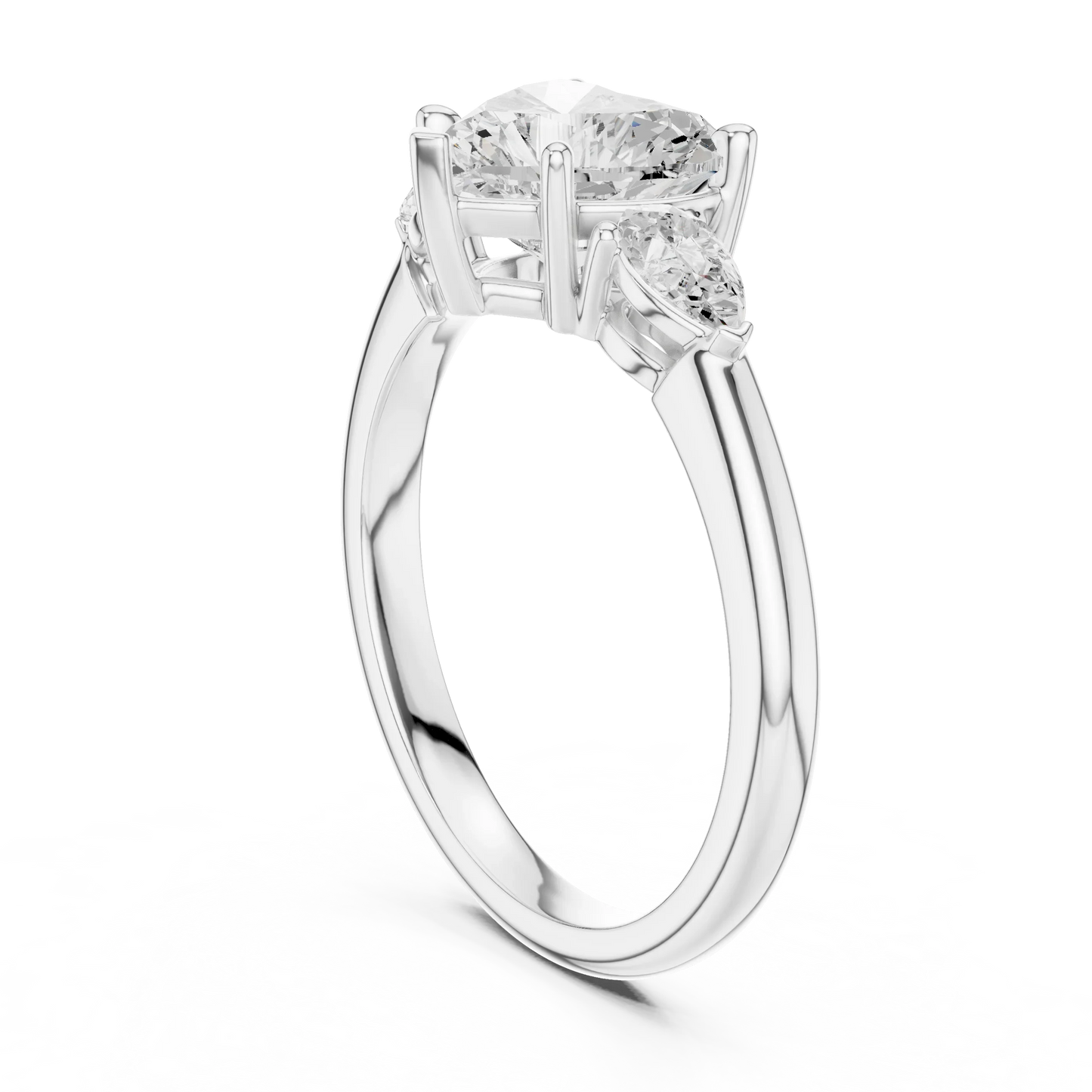 Back side view of white gold heart three-stone ring with pear side stones and lab-grown diamond 鈥?Australia