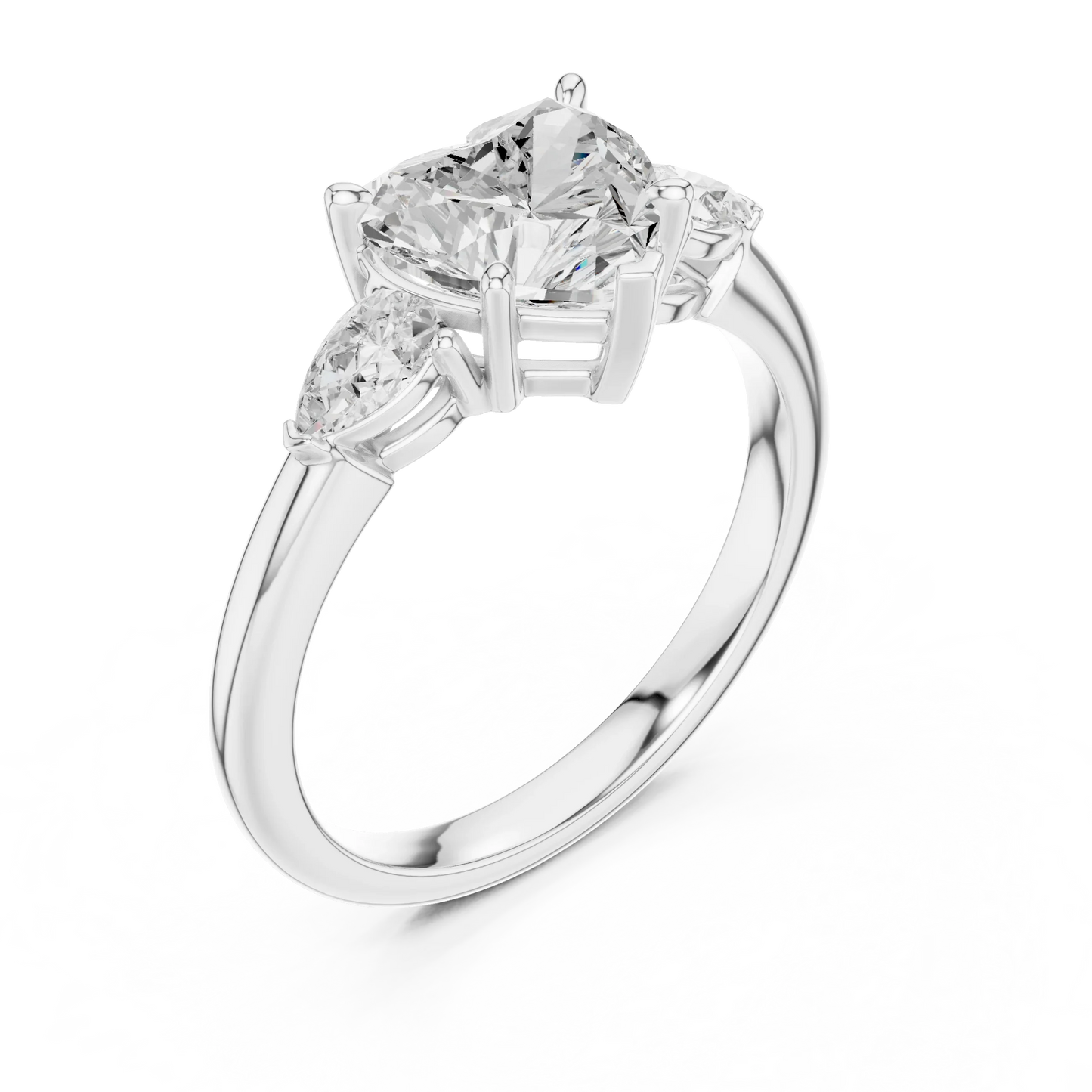 Front view of white gold heart three-stone ring with pear side stones and lab-grown diamond 鈥?Australia