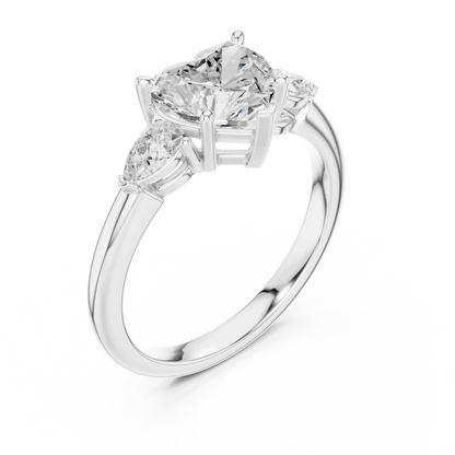 Front view of white gold heart three-stone ring with pear side stones and lab-grown diamond 鈥?Australia