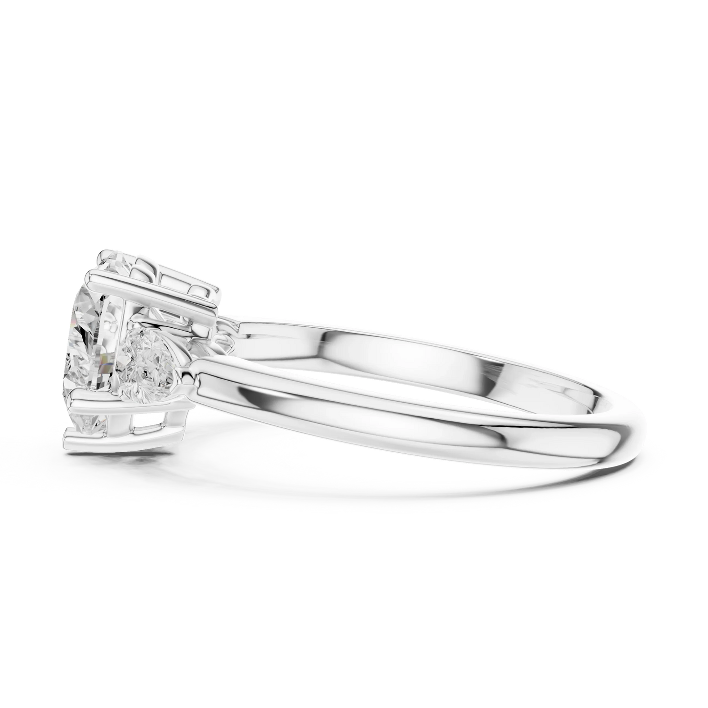 Side view of white gold heart three-stone ring with pear side stones and lab-grown diamond 鈥?Australia