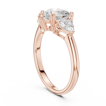 Back side view of rose gold heart three-stone ring with trillion cut side stones and lab-grown diamond 鈥?Australia