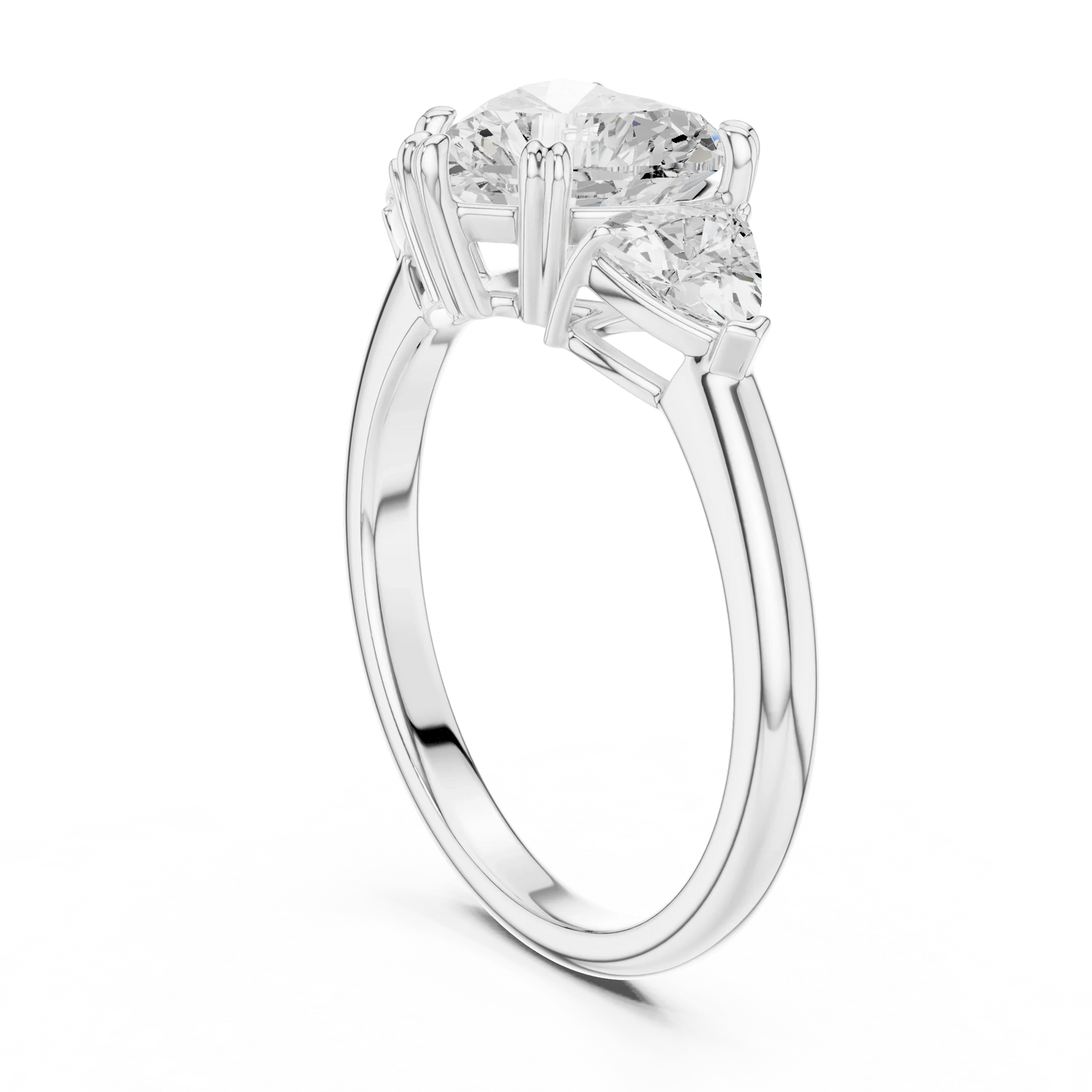 Back side view of white gold heart three-stone ring with trillion cut side stones and lab-grown diamond 鈥?Australia