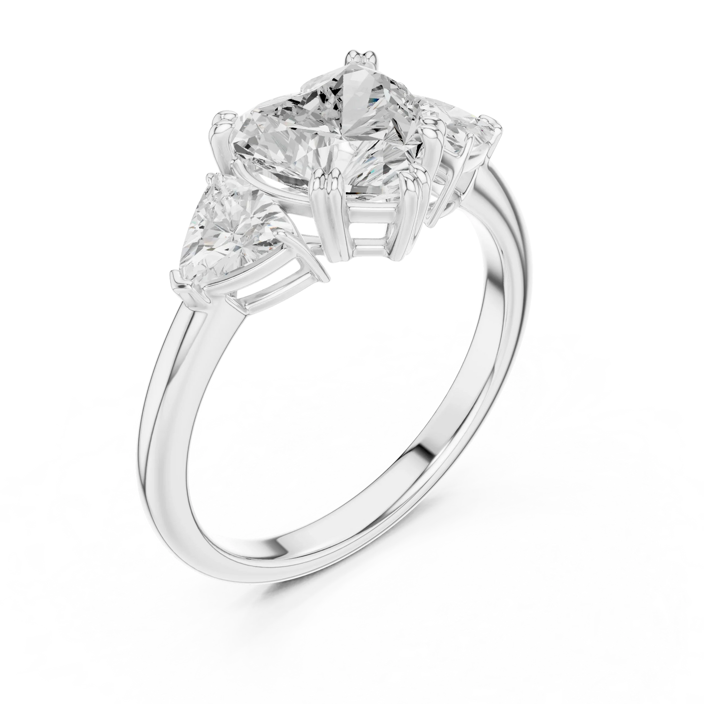Front view of white gold heart three-stone ring with trillion cut side stones and lab-grown diamond 鈥?Australia
