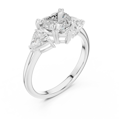 Front view of white gold heart three-stone ring with trillion cut side stones and lab-grown diamond 鈥?Australia
