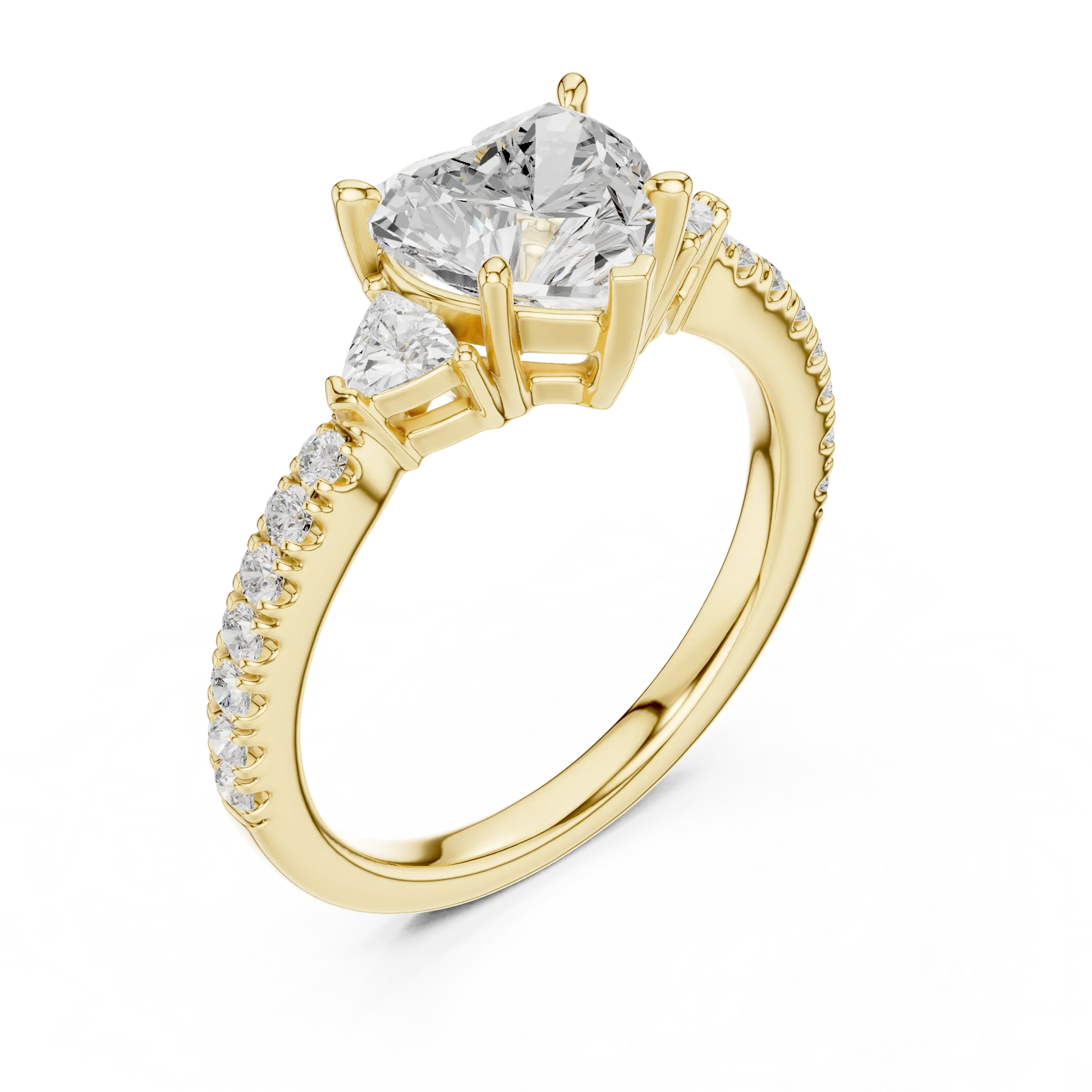 Front view of yellow gold heart shape three stone diamond ring with half moon side stones and pave band, emphasizing brilliance.