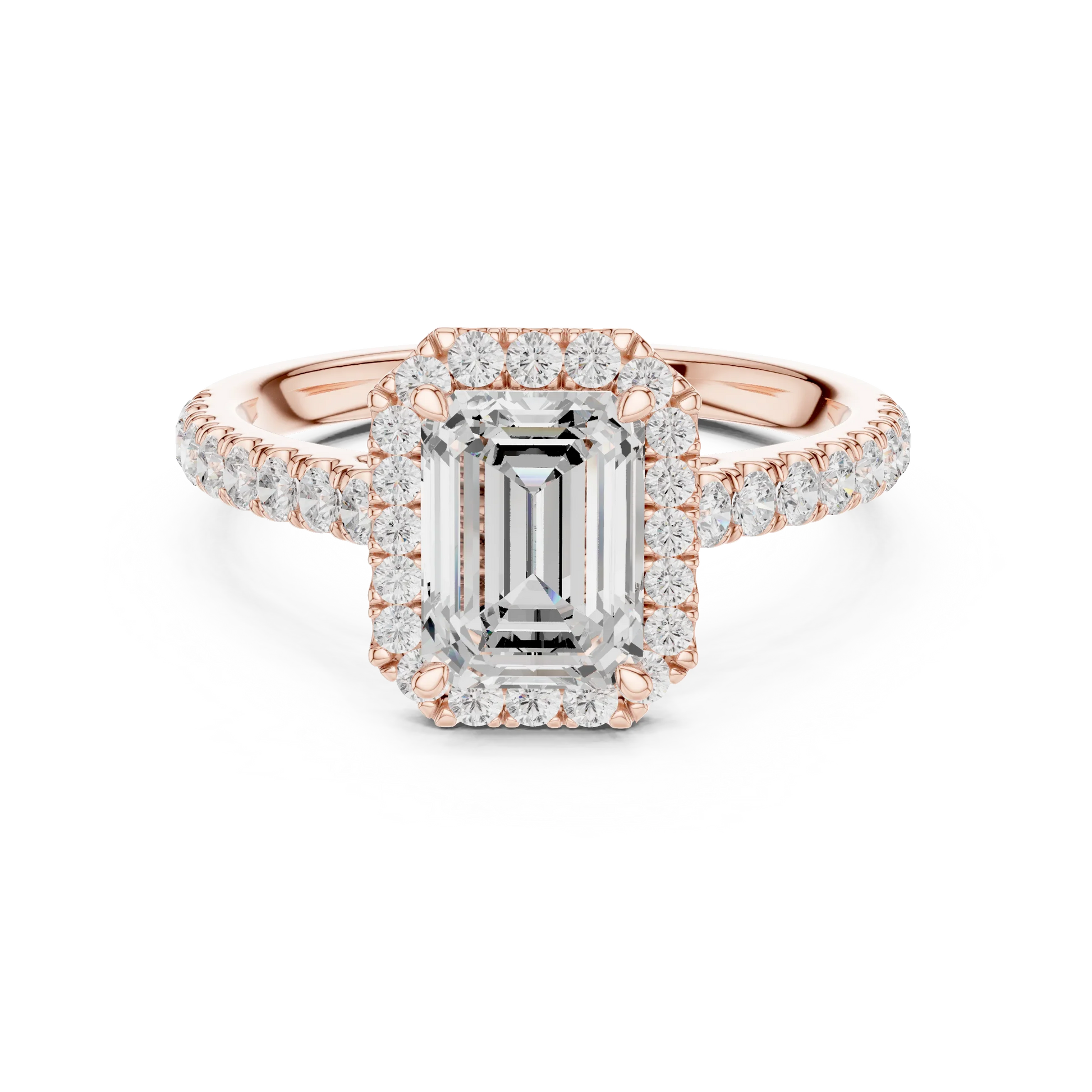 Front view of rose gold imperial halo emerald cut diamond ring with lab-grown center stone surrounded by halo diamonds, elegant modern look