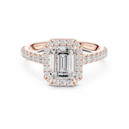 Front view of rose gold imperial halo emerald cut diamond ring with lab-grown center stone surrounded by halo diamonds, elegant modern look