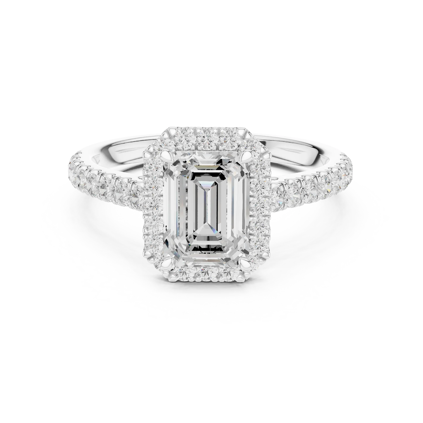 Front view of white gold imperial halo emerald cut diamond ring with lab-grown center stone surrounded by halo diamonds, refined vintage-inspired design