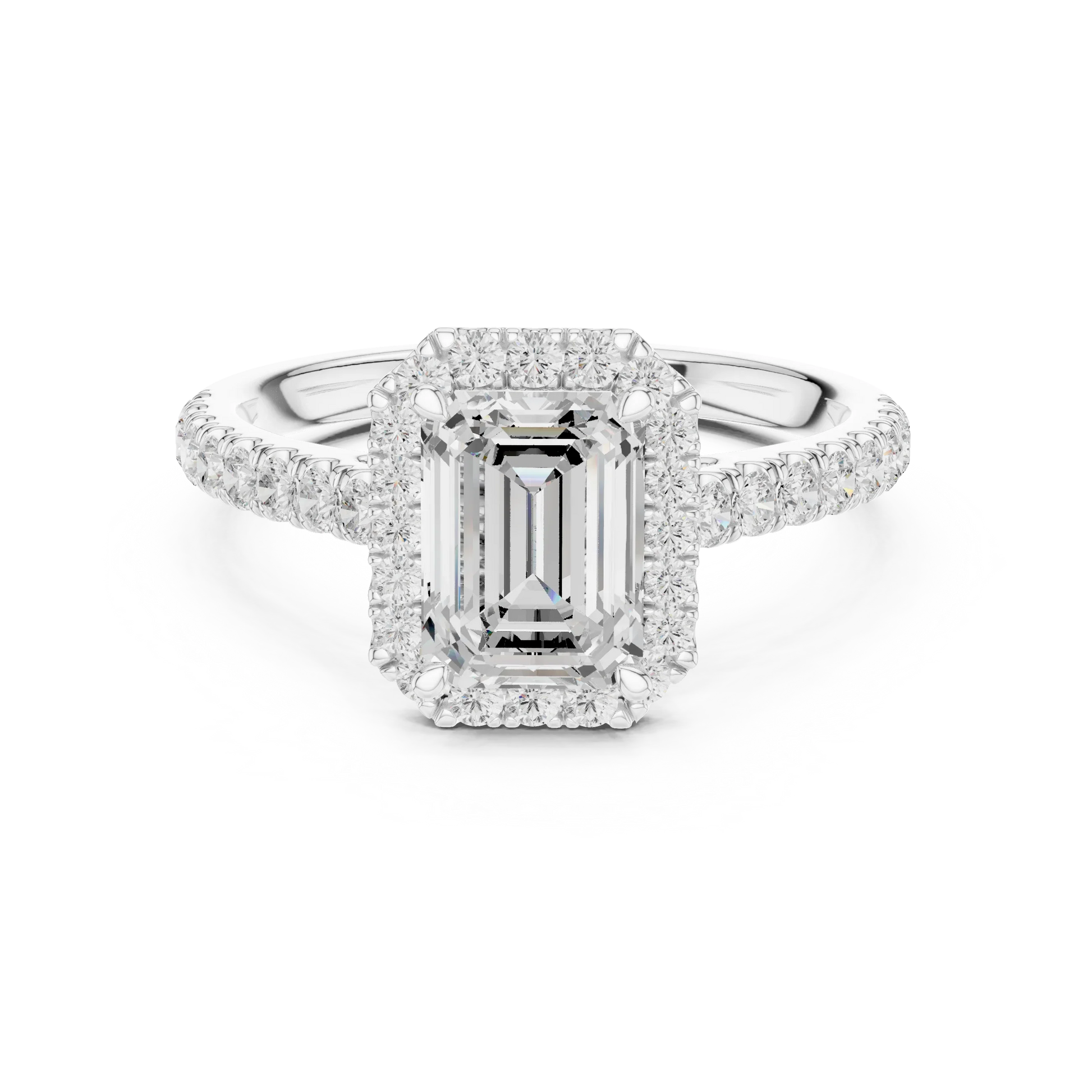 Front view of white gold imperial halo emerald cut diamond ring with lab-grown center stone surrounded by halo diamonds, refined vintage-inspired design