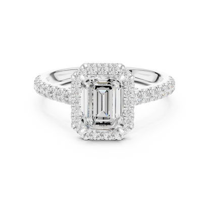 Front view of white gold imperial halo emerald cut diamond ring with lab-grown center stone surrounded by halo diamonds, refined vintage-inspired design